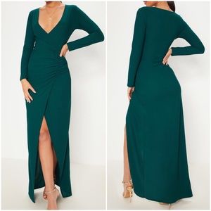 Emerald Green Ruched Plunge Split Leg Maxi Dress
